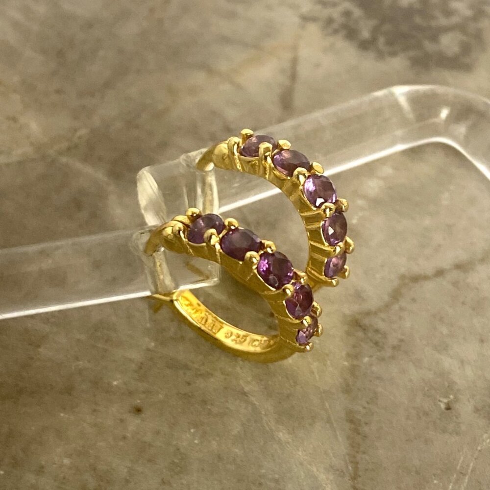Gold Vermeil Sterling Silver 925 DBJ Round Amethyst Small Huggie Hoop Earrings - Picture 5 of 16